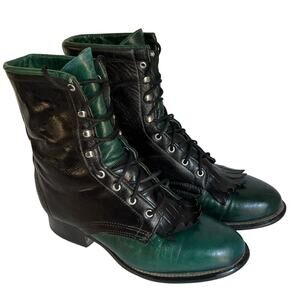 Vintage Laredo Roper Boots Black Green Leather  Women’s 6.5M Lace-Up Western